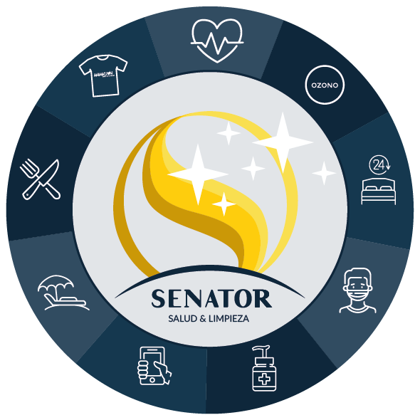 logotipo Senator Salud y Limpieza azul, gris y dorado con iconos blancos